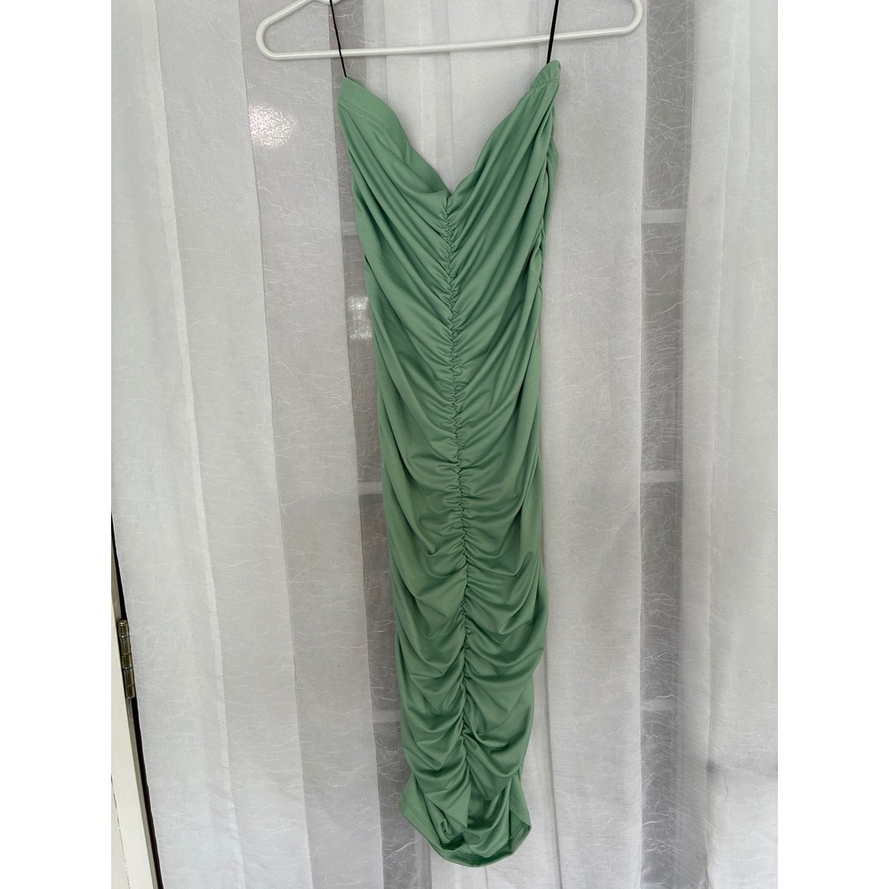 Emperic Womens Sage Green‎ Ruched Bodycon Deep V-Neck Midi Dress Large